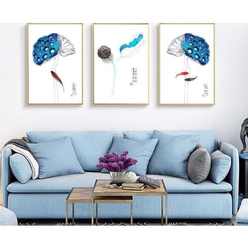 Chinese Style Lotus And Goldfish Chinese Ancient Poem Canvas Ink Print Painting Wall Art For Living Room And Study Room Decor