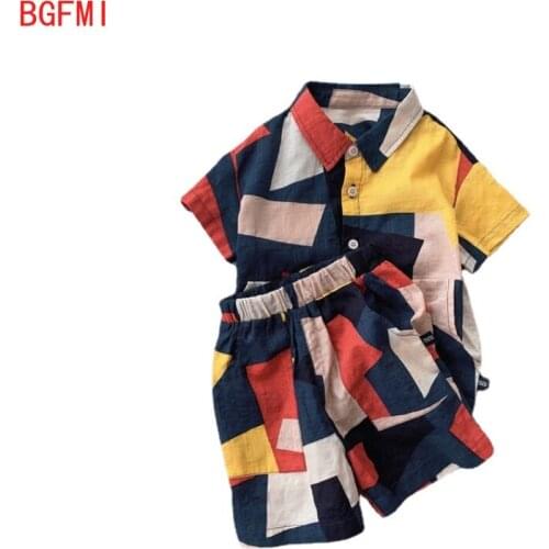 Boys Cotton Linen Summer Handsome Holiday Plaid Outfits Sets Boys Baby Sports 2pcs Fashion Short Sleeve Shirt + Shorts Casual