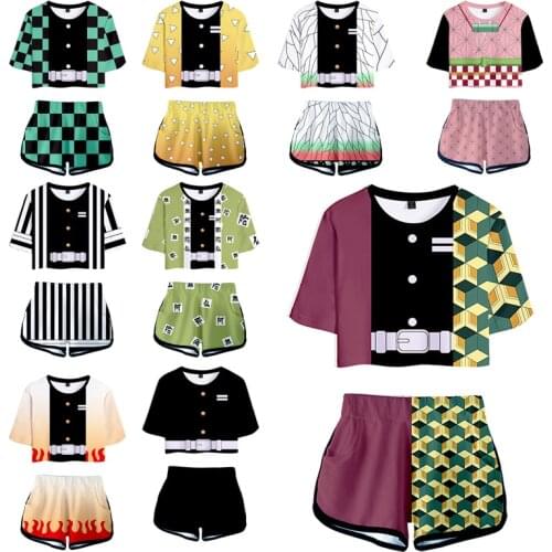 Japanese Anime Kimetsu No Yaiba Cosplay Costume for Women Girl Short Demon Slayer Kamado Tanjirou Print Top Pants Set Sleepwear
