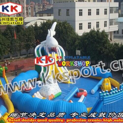 Creative White Shark Theme Water Paradise Amusement Park Inflatable Water Slide Pool Park For Land