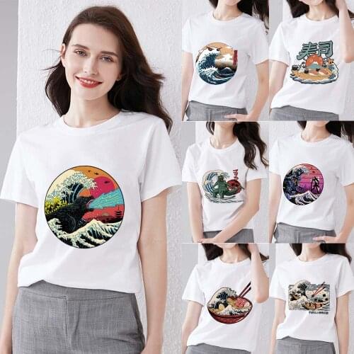 Fashion Womens Summer Casual All-match T-shirt Anime Wave Print Series Shirt Round Neck Comfortable Commuter Slim Soft Top tees