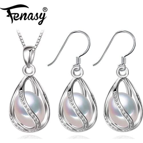 FENASY Trendy S925 Silver Pearl Cage Jewelry Set Pearl Pendant Necklace Stud Earrings For Women Anniversary Jewelry Gift Box