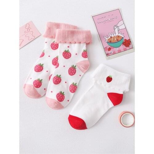 Kawaii Strawberry Ruffle Ankle Socks Women Japanese Cute Soft Girl Lolita Student Summer Autumn Short Cotton Socks Set Pink