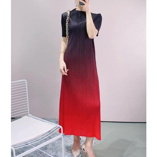 2021 summer new womens dresses Miyak fold Fashion plus size half high neck short sleeve thin Gradient A-line dress