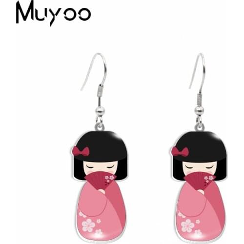 New Arrival Kawaii Kimono Doll Patterns Print Epoxy Acrylic Resin Dangles Handmade Jewelry Fish Hook Earrings