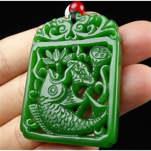 Natural Green Chinese Jade Carp Pendant Lotus Necklace Fashion Charm Jewelry Double-sided Hollow Carved Amulet Gifts for Her