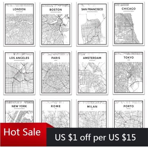 Print Art Canvas Painting Wall Decor Pictures Black and White World City Map New York Tokyo Paris For Posters Aesthetic Room Dec