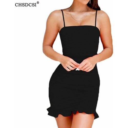 CHSDCSI Sexy Dress Bodycon Mini Summer Ruffles Spaghetti Strap Ruched Sleeveless Backless Clubwear White Black Party Vestidos