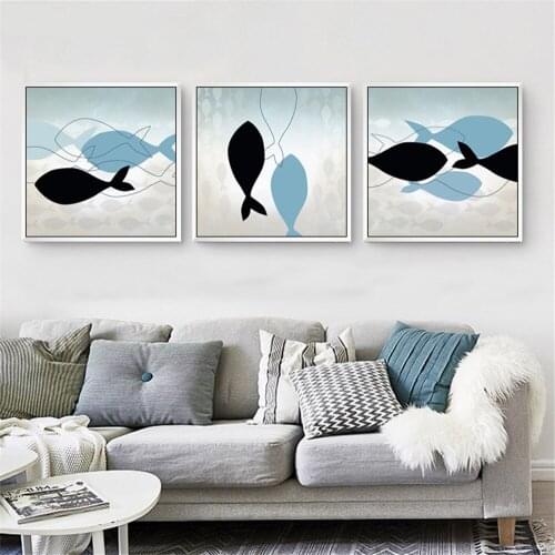 Nordic Geometric Pattern Blue Gray Fish Poster Simple Fish Swimming In The Deep Sea Frameless Art Picture Home Decor