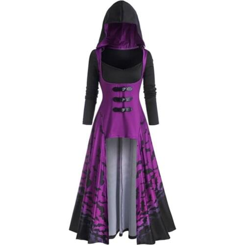 Women Purple Printed Bat Leather Button Cloak Dress,Short Front Long Back Dresses With Hat For Halloween Party