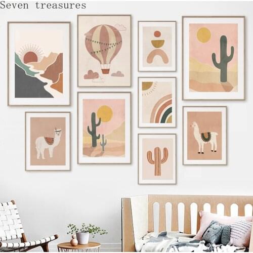 Llamas Rainbow Sun Cactus Abstract Landscape Boho Nursery Wall Art Canvas Painting Posters And Prints Wall Kids RoomPictures