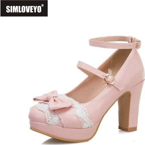 SIMLOVEYO Spring 2021 Ladies Heel Platform Cute Bow Lace Princess Mary Jane Lolita Shoes Party High Heel Buckle Pumps Pink A4359