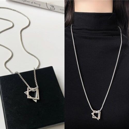 Punk Simple Hollow Metal Square Rhombus Triangle Pendent Necklace for Women Girls Long Coat Sweater Chain 2021 Trend New Arrival
