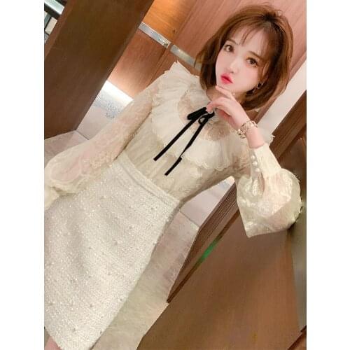 Temperament of bud silk shirt into joining tweed holiday two dresses womens winter new High Quality