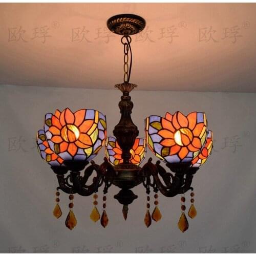 Tiffany Sunflower Stained Glass Suspended Luminaire E27 110-240v Chain Pendant Lights For Home Parlor Dining Room