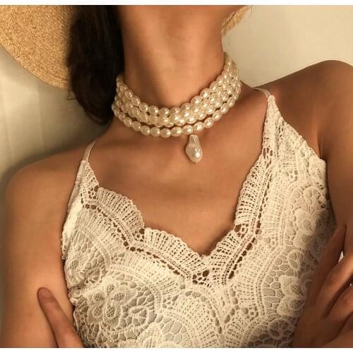 Trendy Elegant White Pearl Choker Faux Semi-Baroque Pearl Pendant Necklace Jewelry Friday Night Party Sexy Accessory for Women