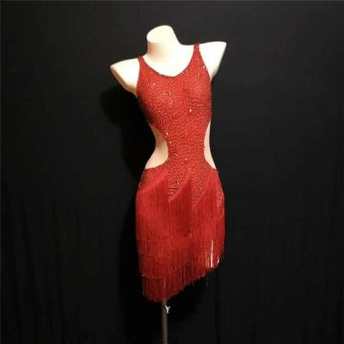 Y40 Red tassel female stage dance costumes sexy Latin Dance dress dj skirt singer performance wears party outfit clothes show dj
