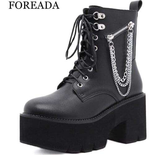 FOREADA Woman Shoes Motorcycle Boots Autumn Chain Platform Thick Heel Ankle Boots Super High Heel Round To Lady Boots Zipper 42