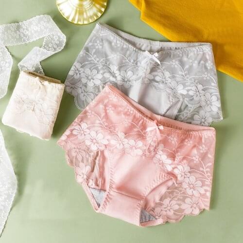 Dreamlikelin Female Sexy Lace Panties Soft 60S Combed Cotton Lingerie Middle Waist Cute Bow Hollow Flower Breathable Briefs