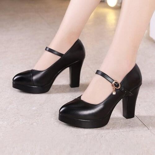 Plus Size 32-43 Block Heel Platform Shoes Women Pumps 2021 Spring High Heels Shoes Ladies Office Work Shoes Black Leather