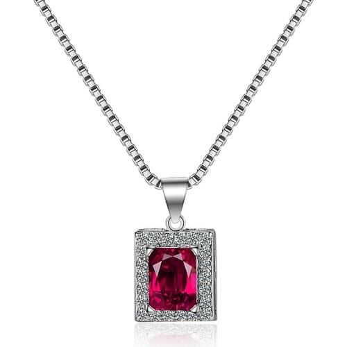 Chic Square Red Crystal Ruby Gemstones Diamonds Small Pendant Necklaces for Women 18k White Gold Silver Color Choker Jewelry Hot