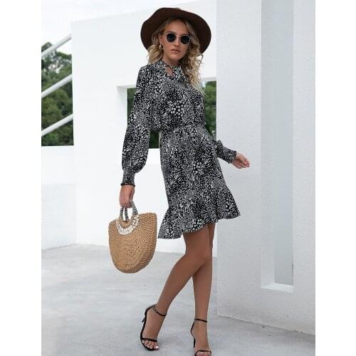 Women Robe Femme Spring Autumn Print A-Line Dresses Hollow Out Bandage O-Neck Long Sleeve Slim Dress For Woman Vestido De Mujer