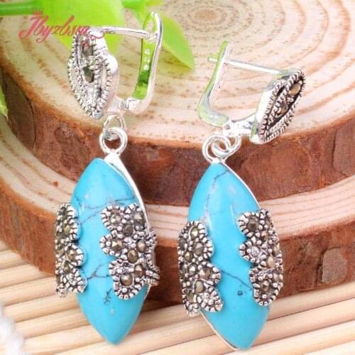 10x22mm Oval BlueTurquoise Jades Coral Inlaid Marcastie White Tibetan Silver Fashion Dangle Huggie Earring 1 Pair Free Shipping