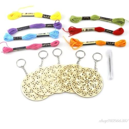 5pcs Round Wooden Cross Stitch Embroidery Keychain Ring with Wool Thread DIY Craft Kit O27 20 Dropshipping