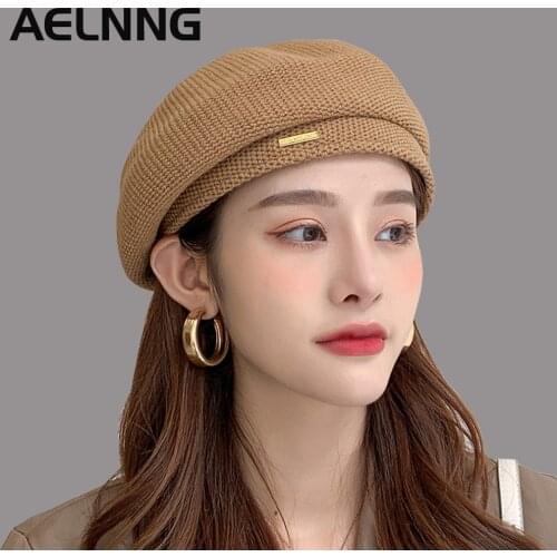 AELNNG Brand Women Autumn Winter Beret Womens Solid Color Knitted Cotton Hats Adjustable Tape Design Berets