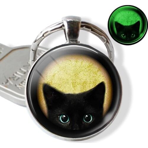 Halloween Luminous Cat Keychain Keyring Glowing In The Dark Cat with Pumpkin Art Picture Glass Key Chain Keyholder Gifts