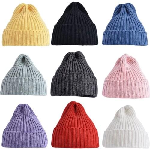 Baby Kids Winter Warm Ribbed Knitted Beanie Hat Sweet Solid Candy Color Toddlers Outdoor Windproof Cuffed Skull Cap