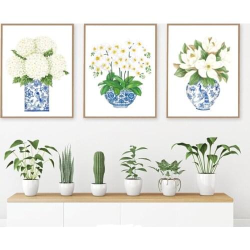 Chinoiserie Wall Art Prints Watercolor Orchid & Magnolia Canvas Painting Oriental Vase Blue White Ginger Jar Posters Home Decor