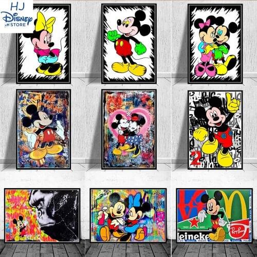 Graffiti Paintings Mickey Minnie Hold Hand Anime Poster Prints Cartoon Black and White Picture on the Canvas for Home Decoratio