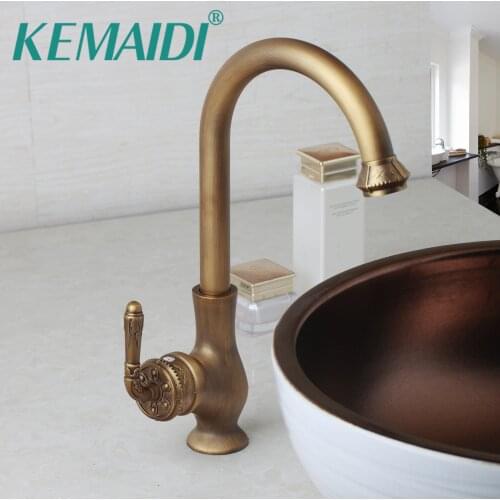 KEMAIDI Bathroom Sink Swivel Bathroom Faucet Tap Brass Basin Mixer Tap Faucet Vintage Engraved Handle Roatated Antique Brass