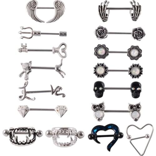 1 Pair Surgical Steel With Zircon Flower Skull Cat Heart Key Shape Nipple Barbell Ring Nipple Ring Body Piercing Jewelry 14G