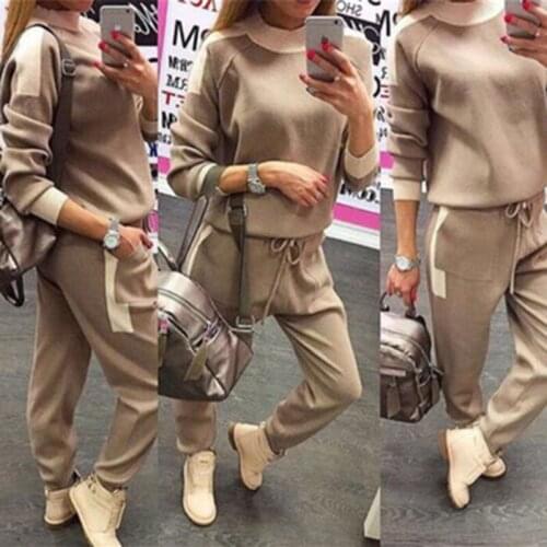 Two piece set top and pants fashion color matching knit pullover top pants pants casual suit female two-piece