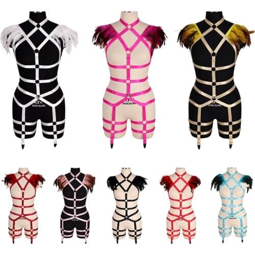 Set Harajuku Feather Goth Body Cage Lingerie Belts Elastic Top Hollow Out Suspender Festival Rave Dance Harness Women Bra