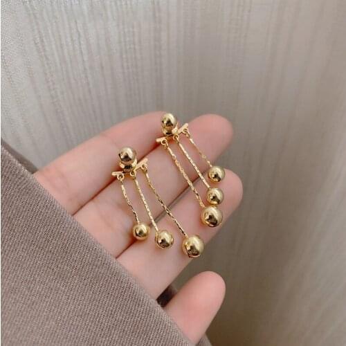 Lifefontier Korean Geometric Metal Beads Tassel Earrings Gold Color Dangle Drop Earrings for Women Party Jewelry Gifts