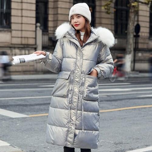 Fashion Women Down cotton Jackets Winter Long Fur Collar Hooded Casual Glossy Silver Parkas Thick Jackets Women pocket Outwear