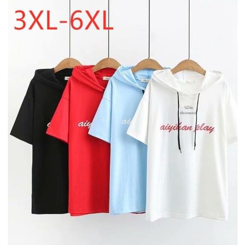 New 2021 summer Korea plus size tops for women large loose short sleeve cotton print hoodie T-shirt white blue 3XL 4XL 5XL 6XL