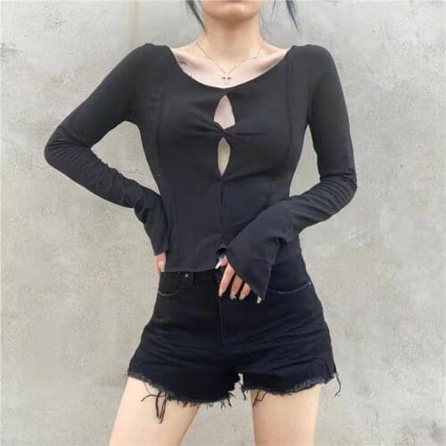 Slim Cotton Ladies Casual Patchwork 2021 Sexy Stitching Hollow Long-Sleeved T-shirt for Purple Top Hollow Out Slit Streetwear