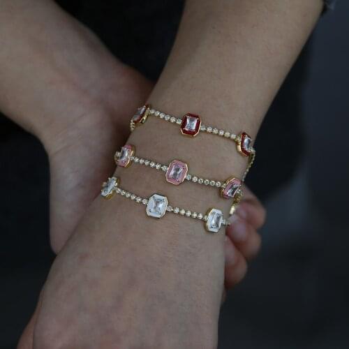 Pastel Pink White Red Enamel Geometric Rectangle Charm Tennis Chain 15+4cm Fashion CZ Bracelet