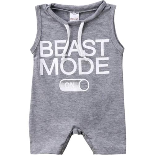 Active Casual Summer Toddler Baby Girls Boys Cotton Sleeveless O-Neck Covered Button Letter Print Grey Romper Jumpsuit 0-24M