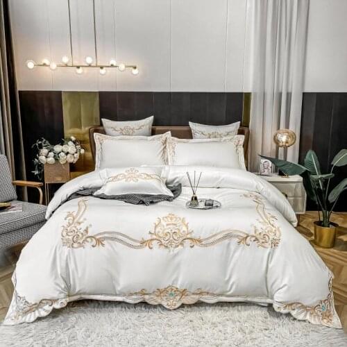 Luxury White Soft 100%Long Staple Cotton Embroidery Duvet cover with zipper Bedding Full Queen Size 4Pcs Bed Sheet 2Pillow shams