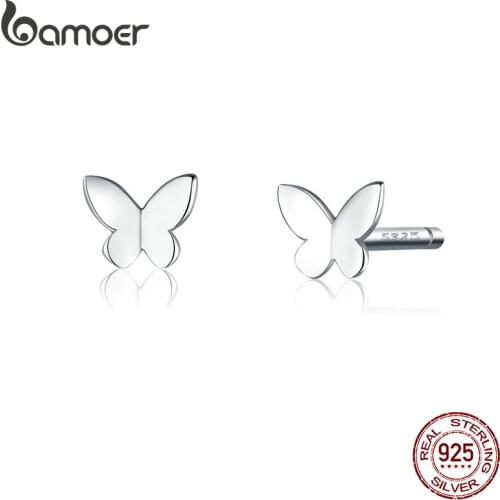 BAMOER Genuine 925 Sterling Silver Small Simple Butterfly Stud Earrings for Women Silver 925 Anti-allergy Fine Jewelry SCE775