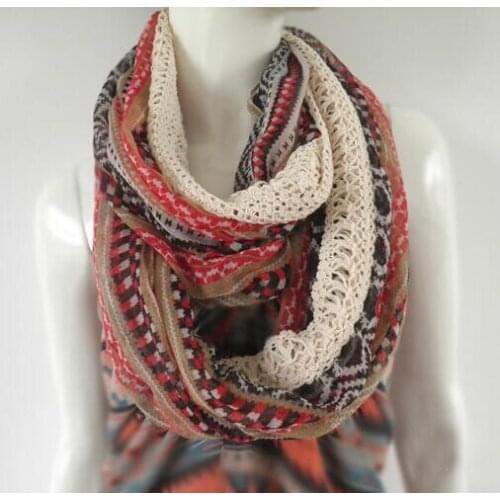Women Cotton Lace Trim Patchwork Infinity Scarf Aztec Printed Circle Scarf Ring Loop Scarf
