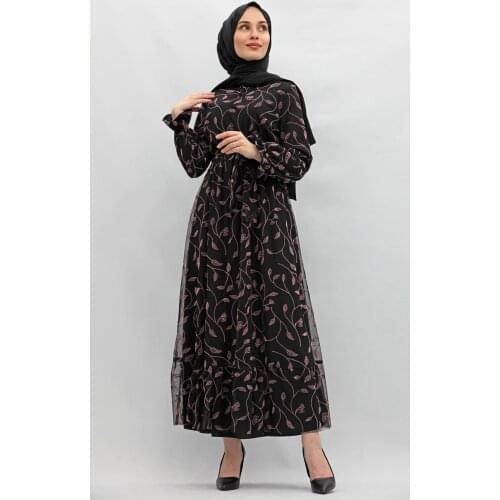 New Season Summer Trend Muslim Leaf Pattern Tulle Dress Dirty Pink