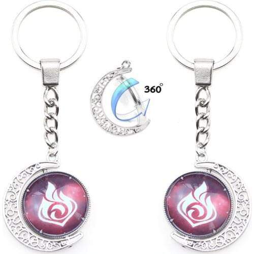 Genshin Impact Element Rotatable Double Sided Glass Keychain Silver Color Hollow Moon Pendant Car Key Chain Accessories