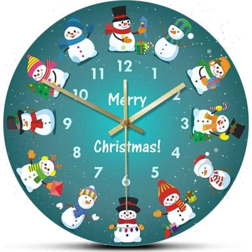 Merry Christmas Snowmen Cartoon Design Wall Clock Holiday Home Decor Silent Clock Wall Watch Winter Wall Art Hanging Timepieces