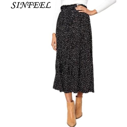 Summer White Dot Floral Print Midi Skirt Women Elastic High Waist Pockets Black Chiffon Skirts Spring 2019 Elegant Female Bottom